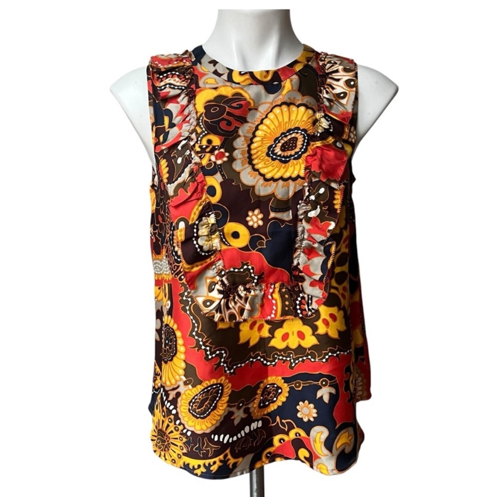 J. Crew Darwin 100% Silk Retro Floral Blouse Twill Ruffle Bib Ratti, Sz 4
